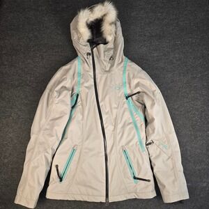 Oakley Women's Gray Thinsulate Hooded Ski Jacket Turquoise Trim Parka Size L